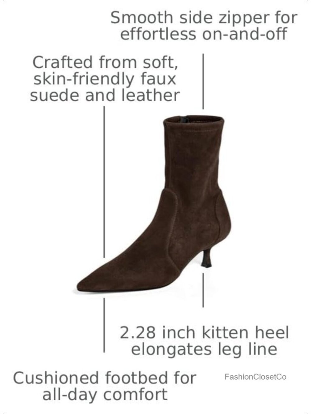 Womens Pointed Toe Kitten Heel Ankle Boots Side Zipper Faux Suede Leather - Picture 2 of 6